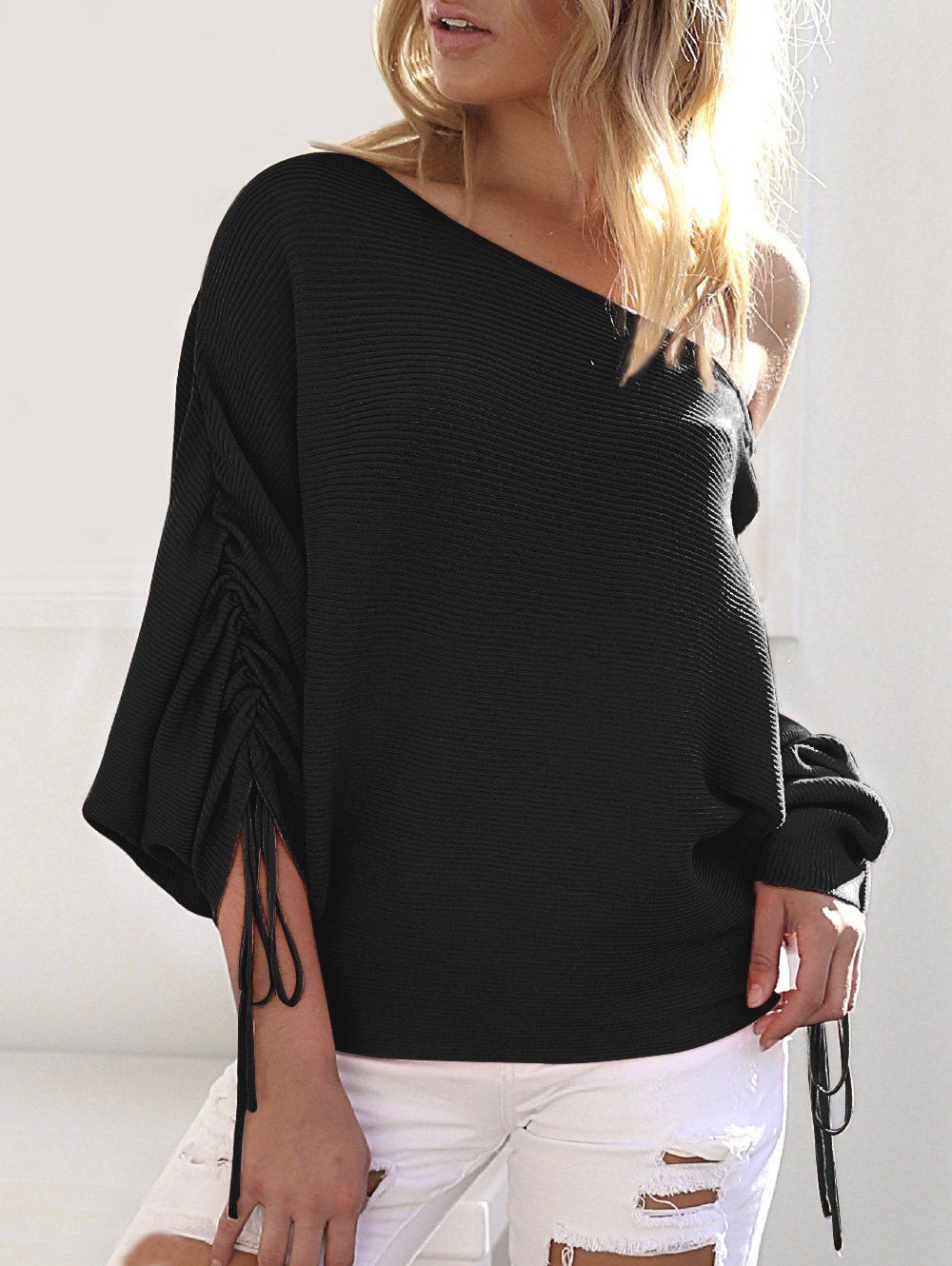 

Cinched Skew Neck Solid Knitwear, Black