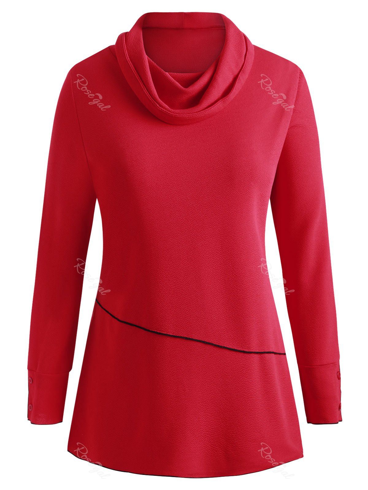 

Plus Size Cowl Necl Piping Textured Tunic Sweatshirt, Red