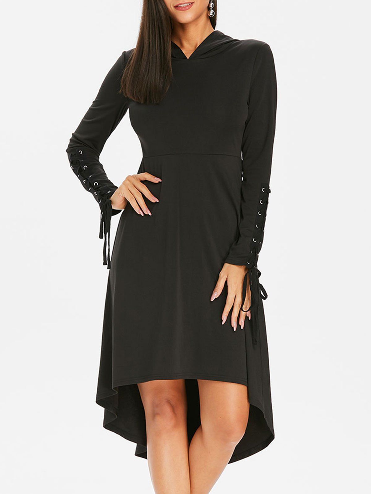 

Hooded Lace Up Gothic Midi Dress, Black