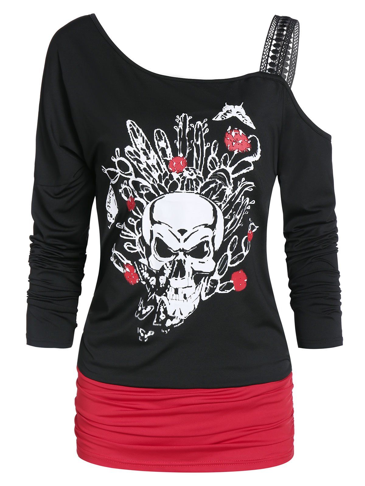 

Skul Print Skew Collar Ruched T Shirt, Black
