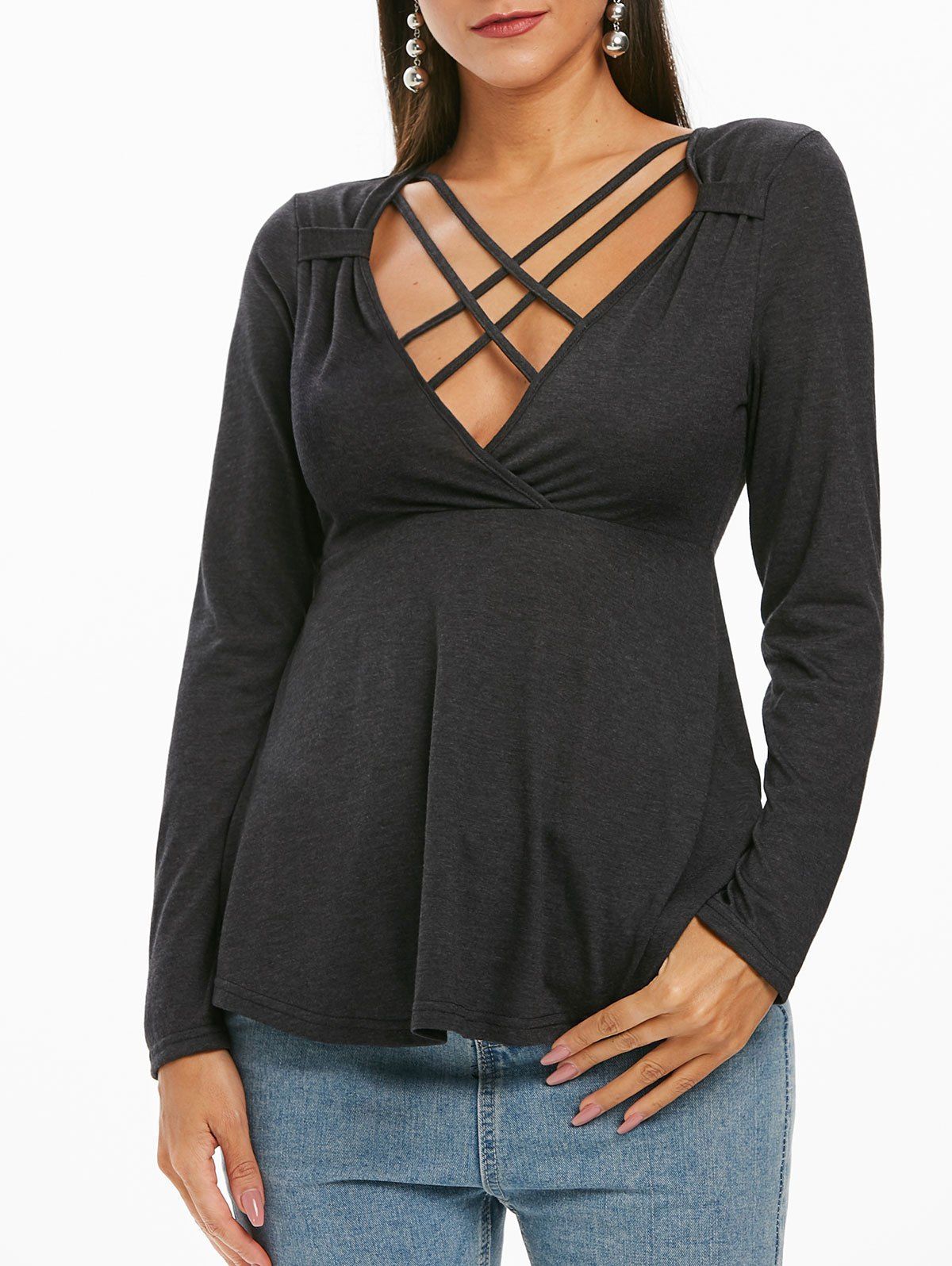 

Strappy Plunge Neck Long Sleeve Ruched T-shirt, Dark slate grey