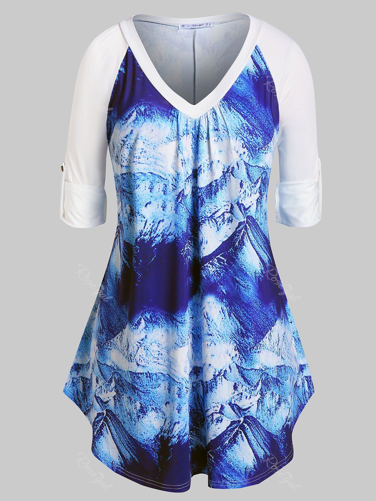 

Plus Size Snow Mountain Print Roll Up Sleeve Tunic T-shirt, Blueberry blue
