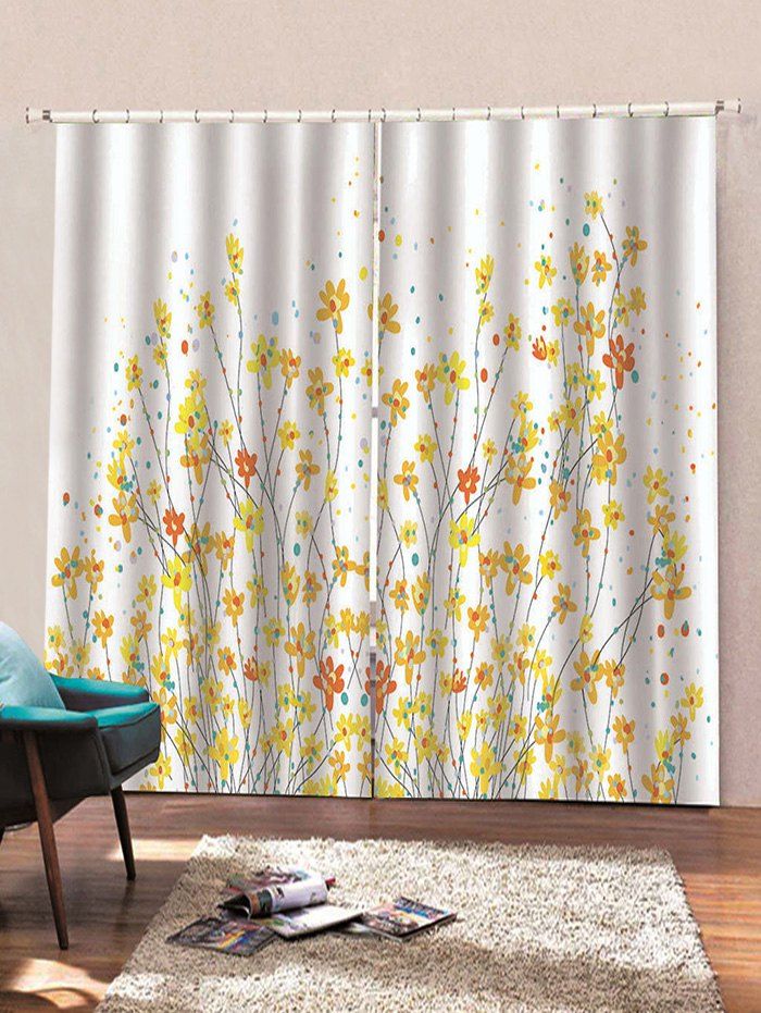 

2 Panels Cartoon Flowering Shrubs Print Window Curtains, Multi-c