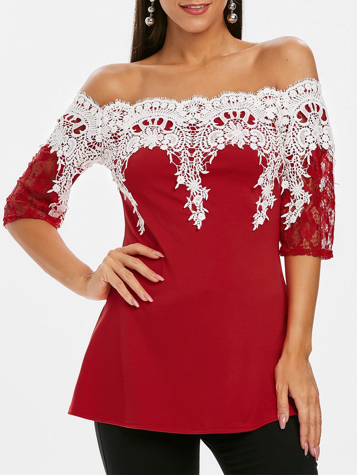 

Off Shoulder Lace Panel Half Sleeves Tee, Red