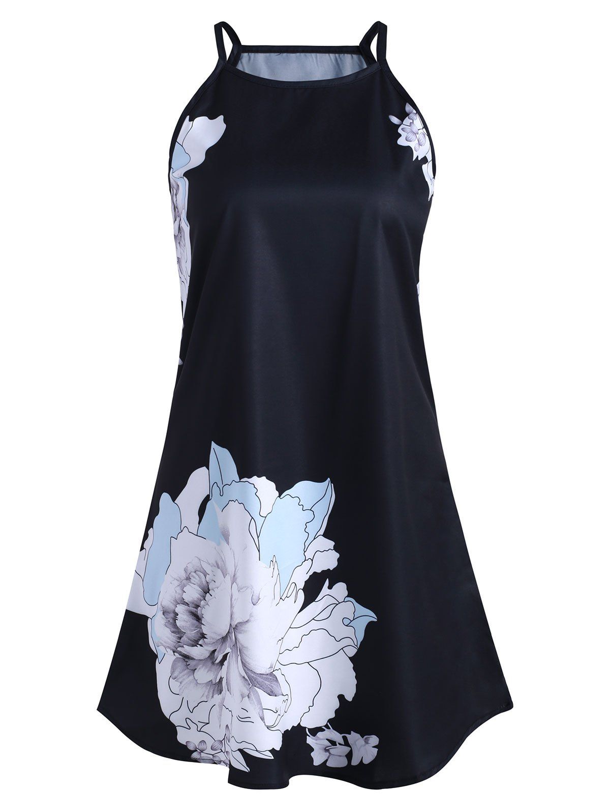 

Flower Print Curved Hem Trapeze Dress, Black