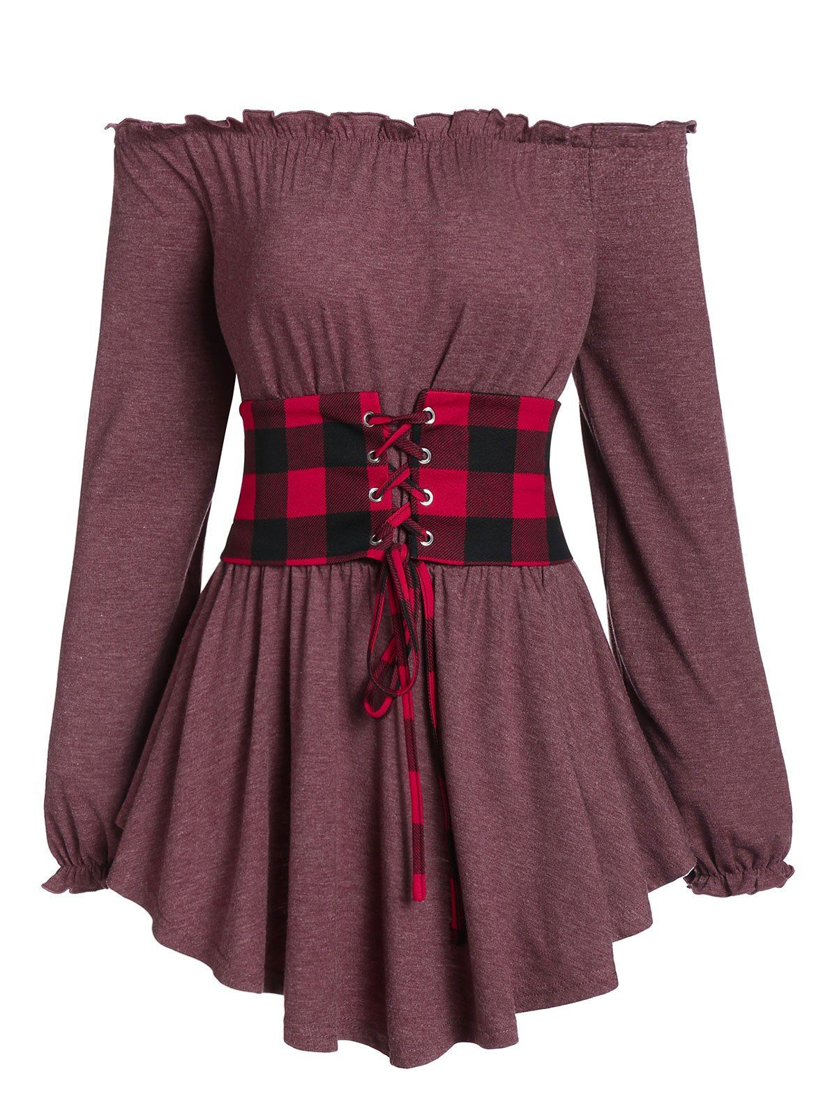 

Lace Up Off The Shoulder Marled T Shirt, Red wine