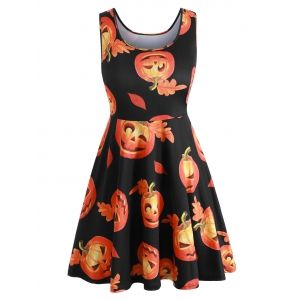

Plus Size Pumpkin Print Sleeveless Halloween Dress, Black