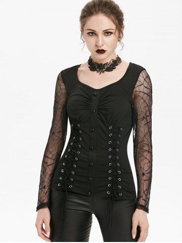 

See Thru Lace Up Rings Gothic Halloween T Shirt, Black