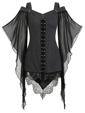 

Criss Cross Lace Panel Cold Shoulder T-shirt, Dark gray