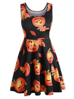 Plus Size Pumpkin Print Sleeveless Halloween Dress - BLACK - L