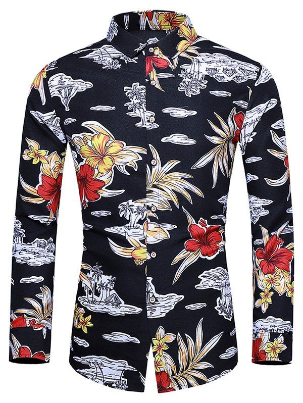 

Flower Plant Print Long-sleeved Shirt, Black