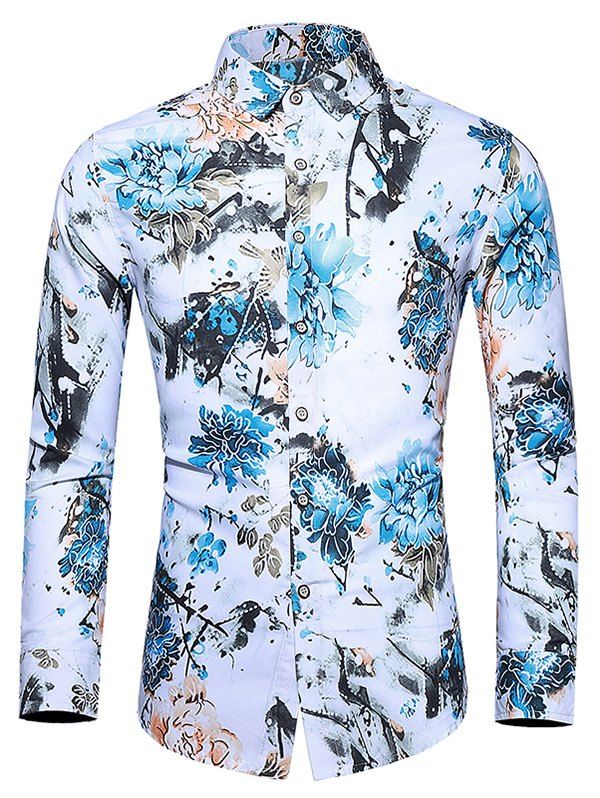 

Flower Print Casual Long-sleeved Shirt, White