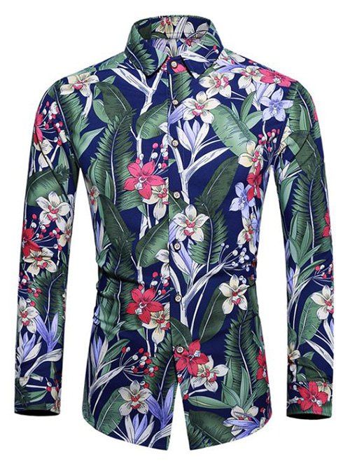 

Floral Leaf Print Long-sleeved Shirt, Cobalt blue