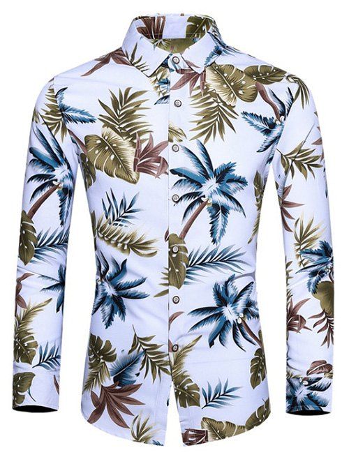

Coconut Tree Leaf Print Long-sleeved Shirt, White
