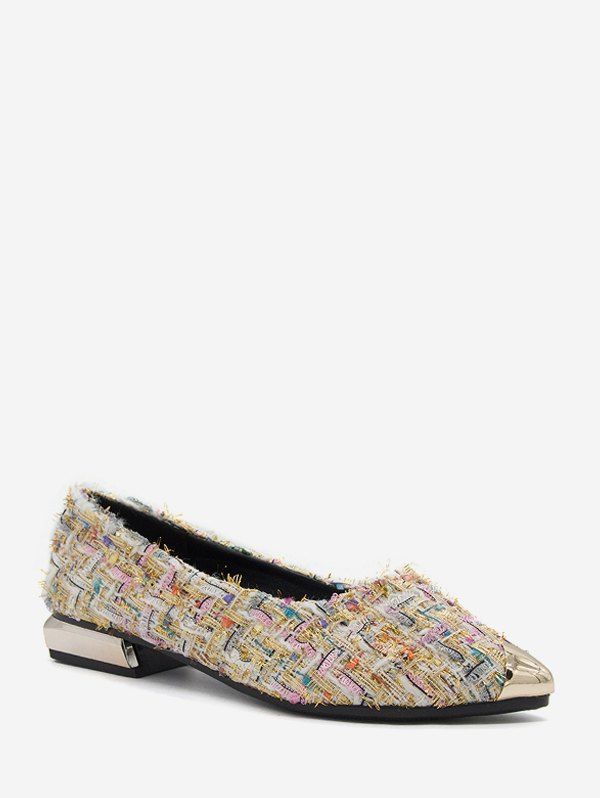 

Chunky Heel Woolen Grid Pointed Flat Heel Shoes, White