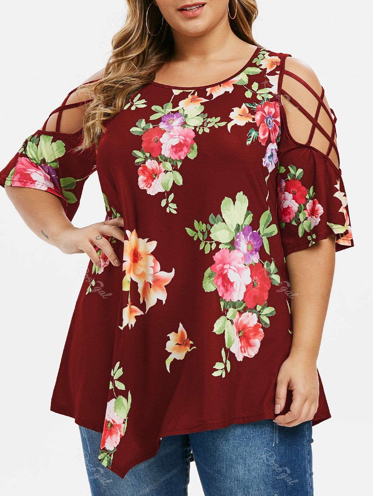 

Plus Size Cold Shoulder Strappy Floral T-shirt, Red wine