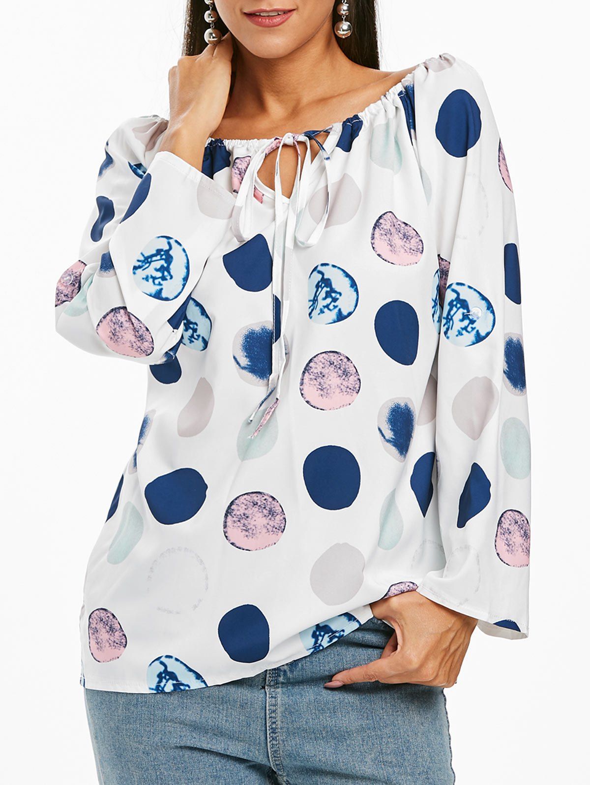 

Polka Dot Roll Up Sleeve Tied Blouse, White
