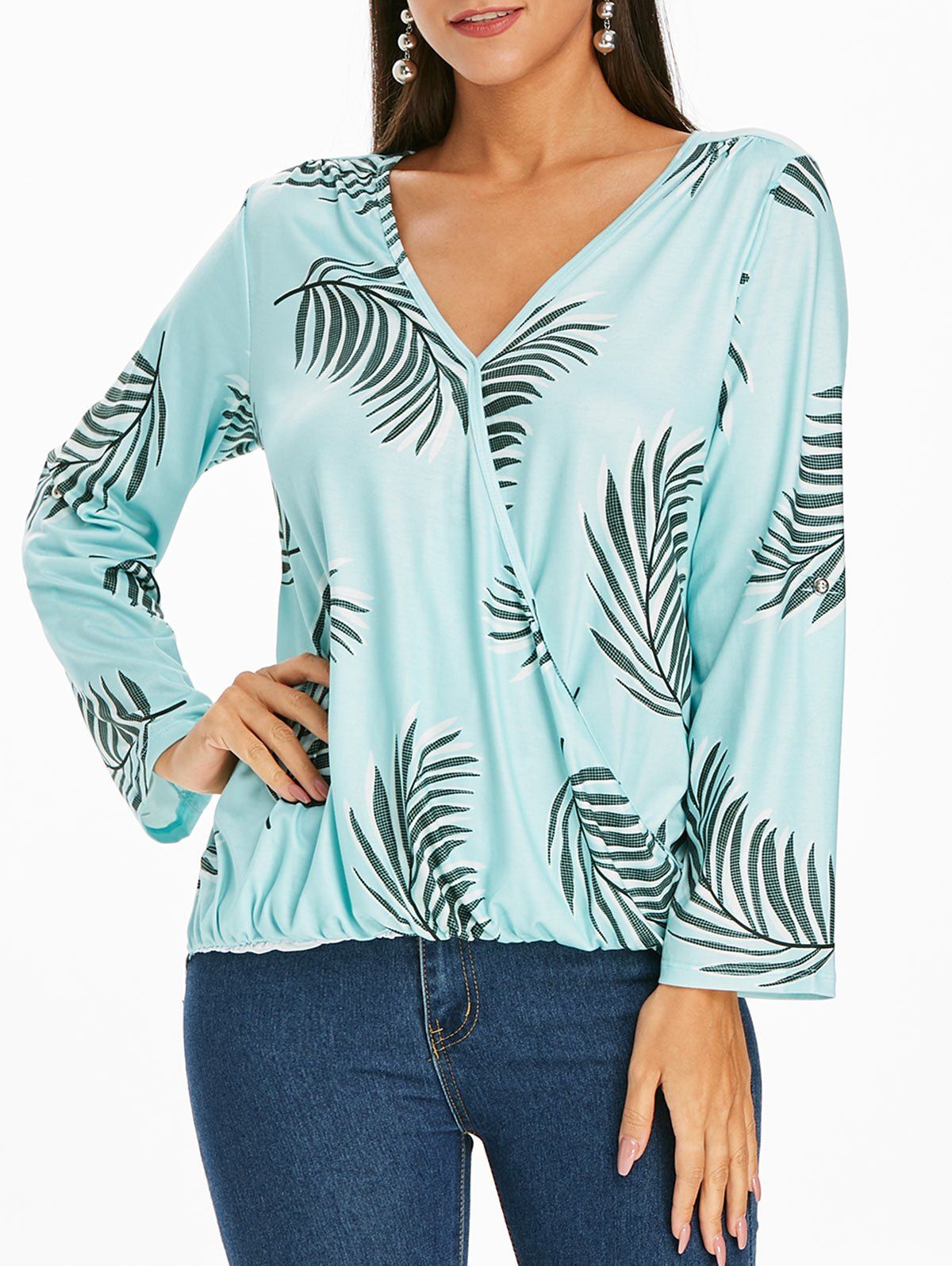 

Roll Tab Sleeves Leaves Print V Neck Blouse, Turquoise