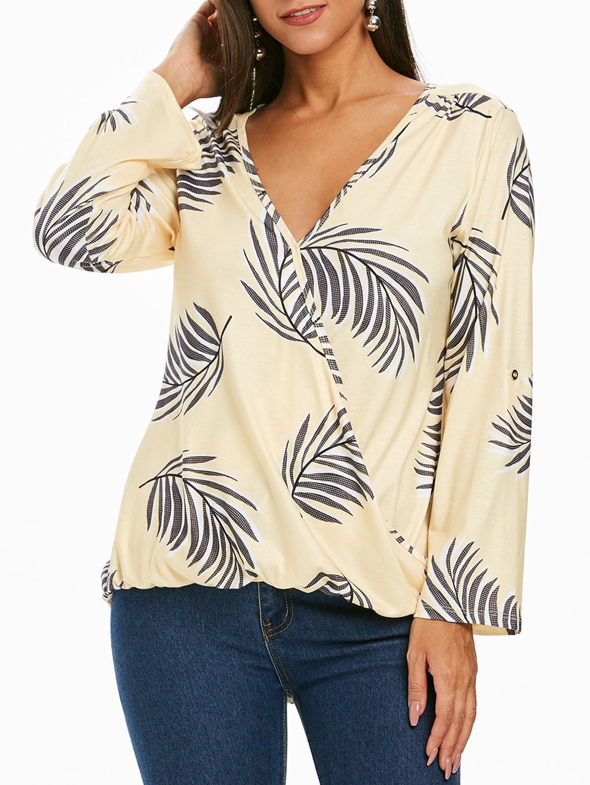 

Roll Tab Sleeves Leaves Print V Neck Blouse, Yellow