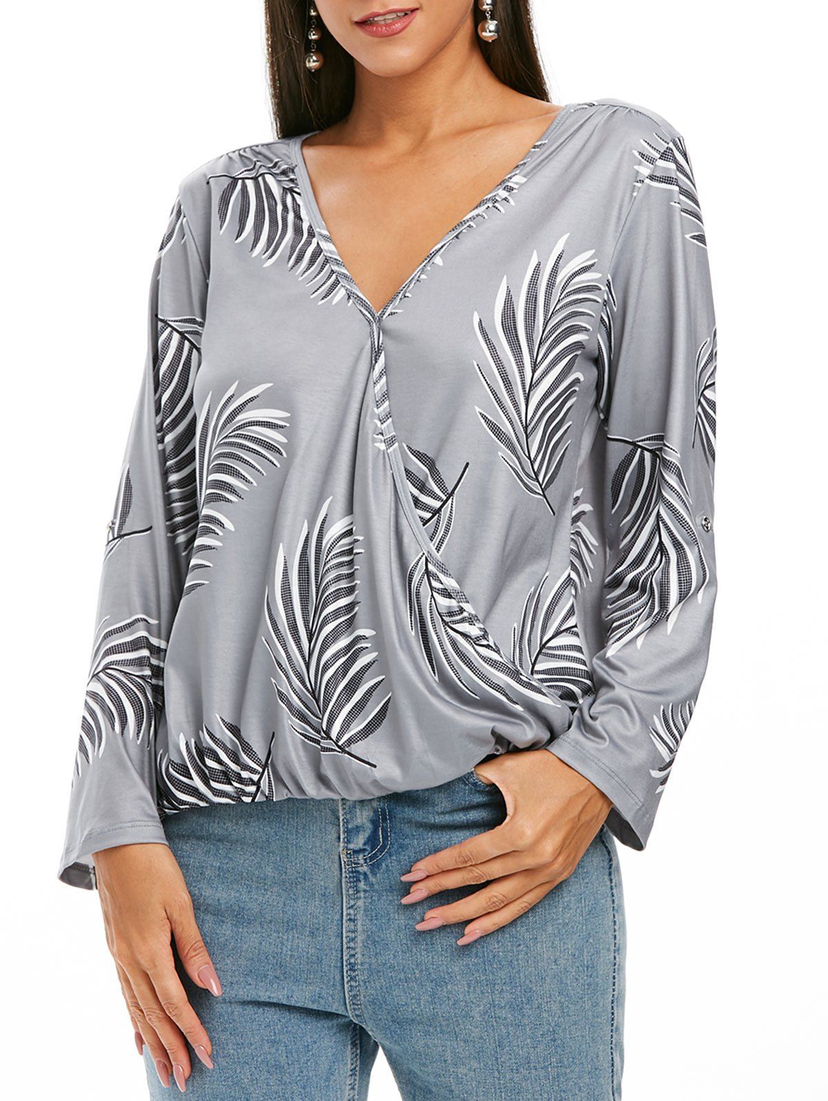 

Roll Tab Sleeves Leaves Print V Neck Blouse, Gray