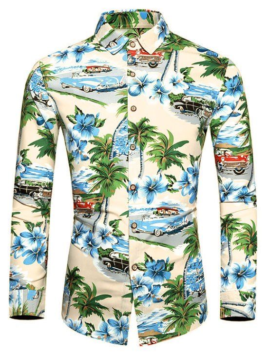 

Coconut Tree Floral Print Long Sleeves Shirt, Dodger blue
