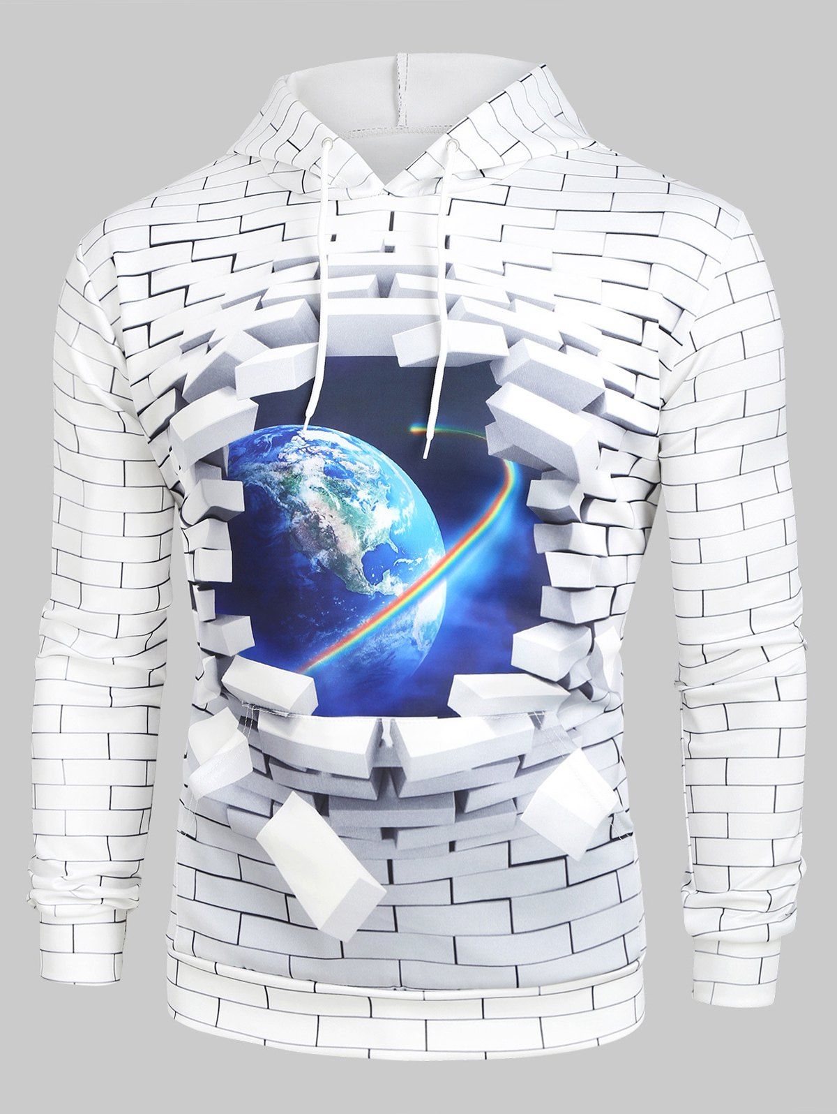

3D Broken Brick Globe Earth Space Graphic Front Pocket Hoodie, White