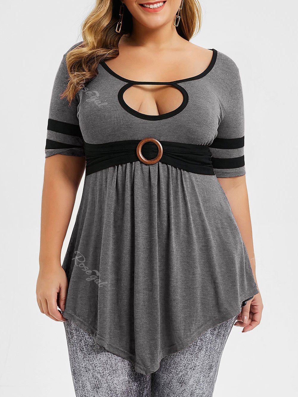 

Plus Size Keyhole Contrast Peplum Tunic T-shirt, Dark gray