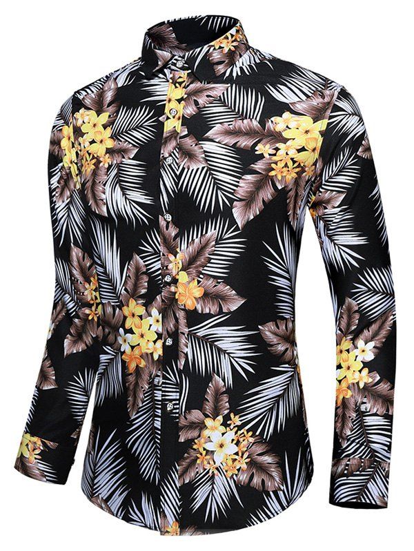 

Leaf Flower Print Long Sleeves Shirt, Black