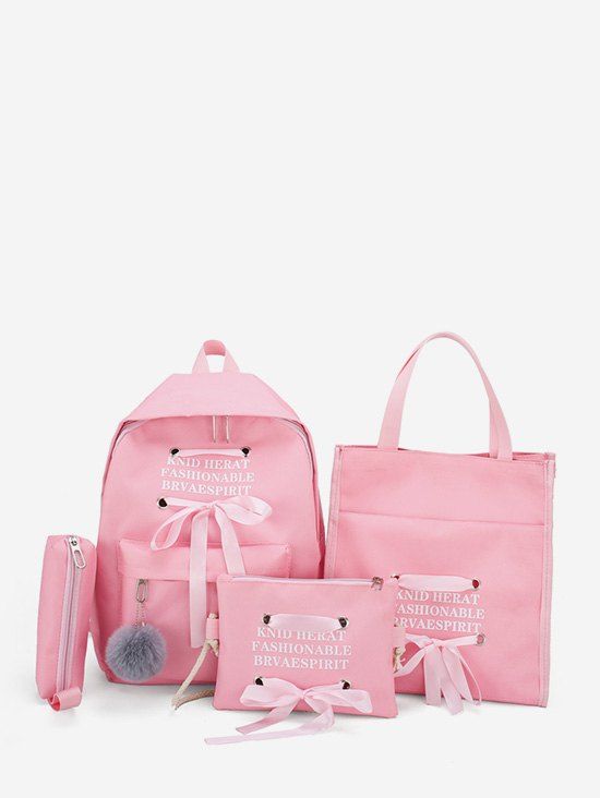 

4Pcs Student Canvas Backpack Set, Light pink