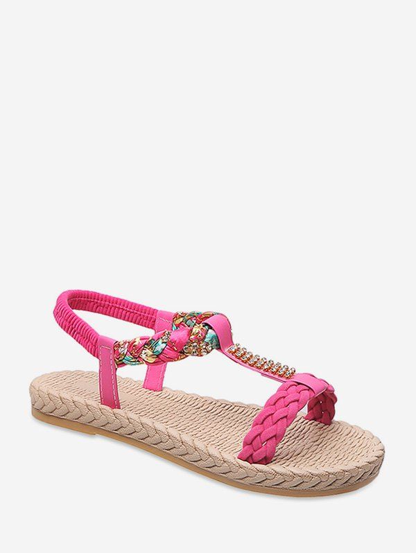 

Casual Rhinestone Floral Braid Flat Sandals, Rose red