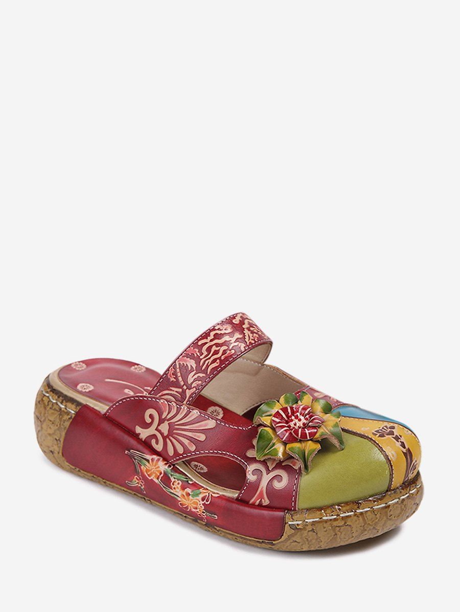 

Round Toe Ethnic Flower Platform Slides, Rosso red