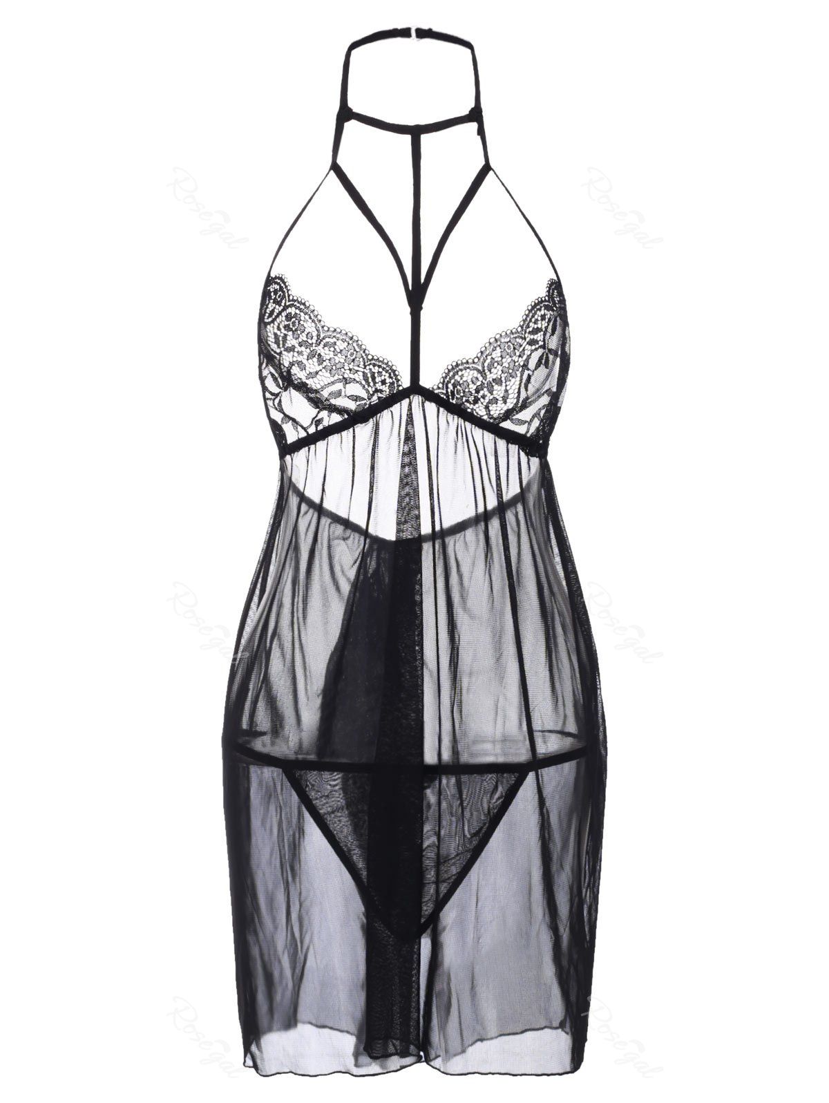 

Plus Size Caged Cutout Lace and Mesh Halter Babydoll, Black