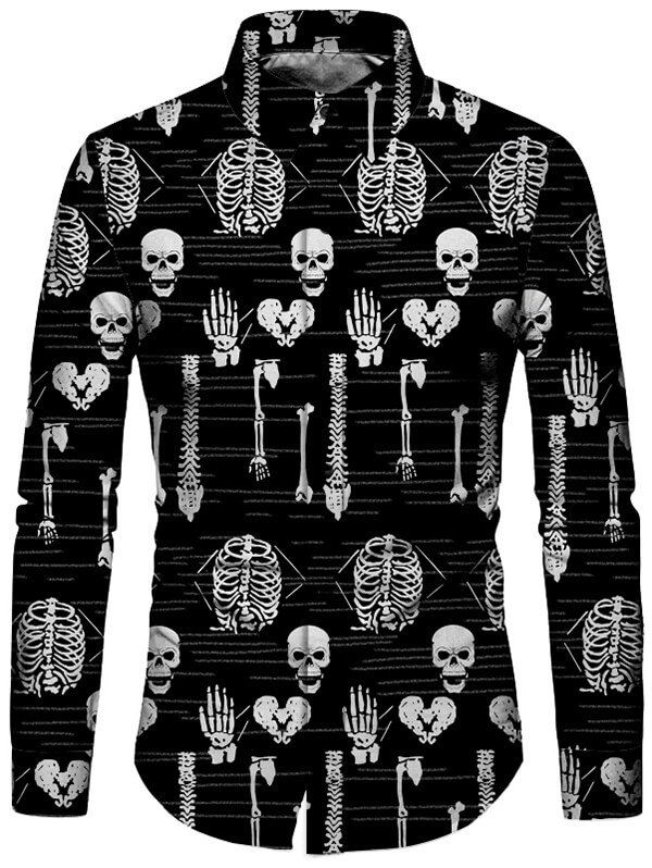 

Skull Skeleton Print Long Sleeves Shirt, Black
