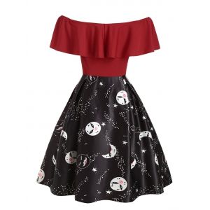 

Plus Size Vintage Flounce Printed Off The Shoulder Dress, Red