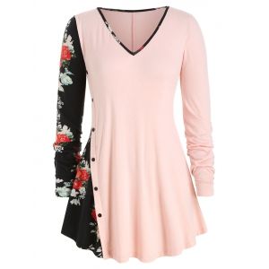

Plus Size Mock Button Floral Panel Tunic Top, Pink