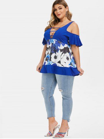 

Laddering Strappy Floral Cold Shoulder Plus Size Top, Blue