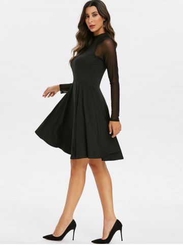 

Ragalan Sleeve Mesh Insert Mini Flare Dress, Black