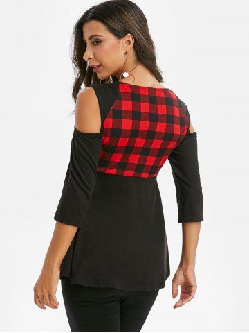 

Plaid Open Shoulder Ruched T-shirt, Multi