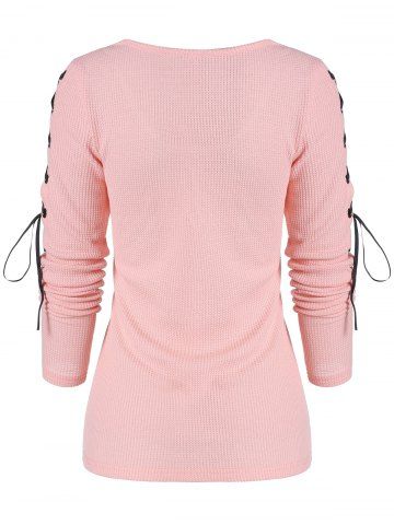 

Lace Up Round Collar Rings T Shirt, Pink