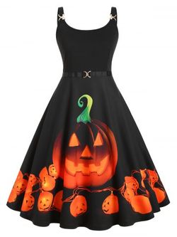 Straps Pumpkin Print Halloween Plus Size Vintage Dress - BLACK - 2X