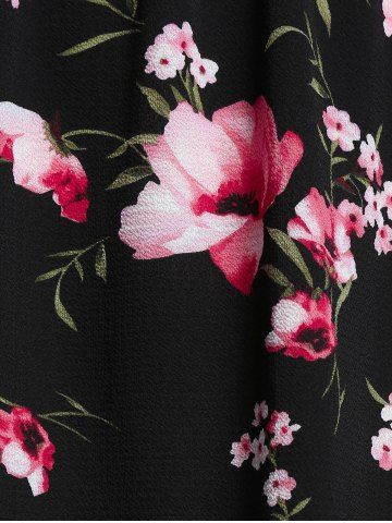

Plus Size Off The Shoulder Lace Up Floral Print Blouse, Black