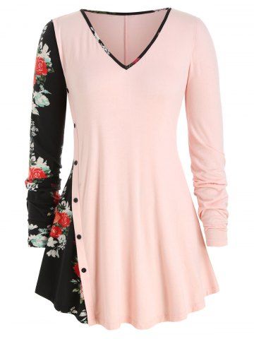 Plus Size Mock Button Floral Panel Tunic Top - PINK - 1X