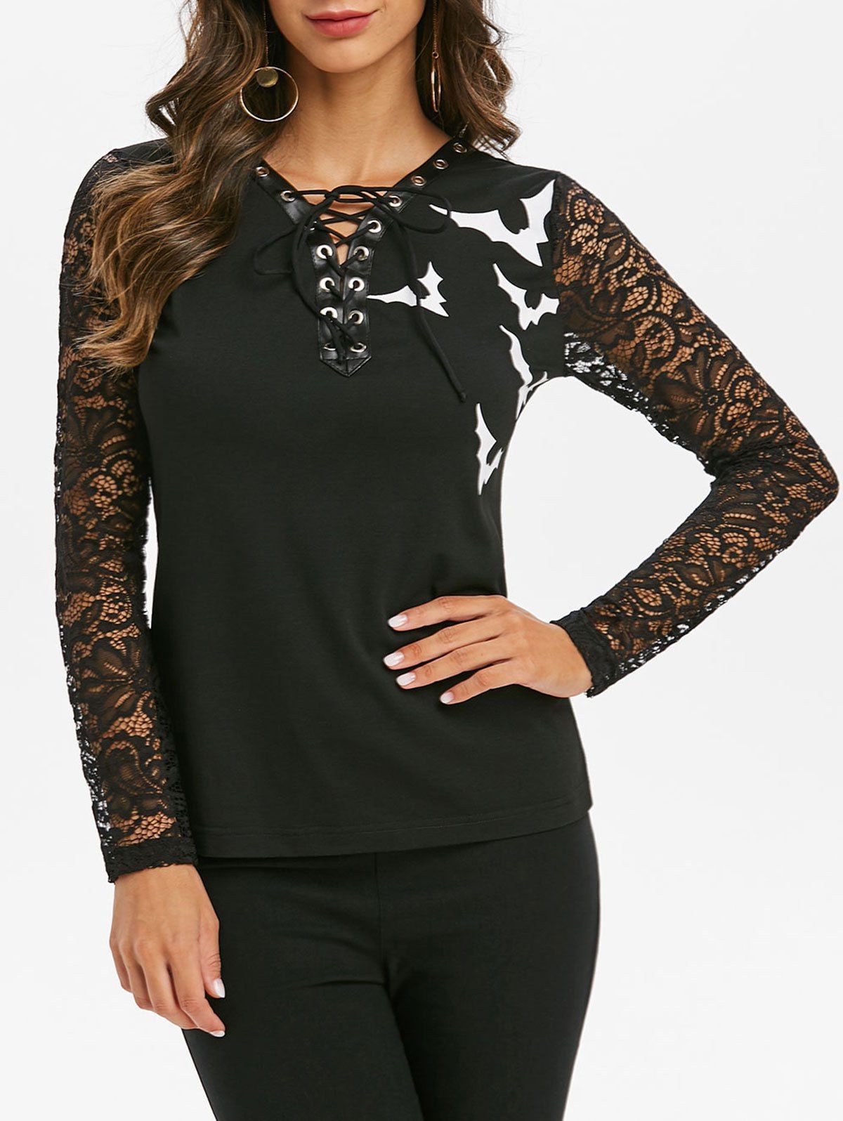 

Halloween Bat Print Lace Up Grommet T-shirt, Black