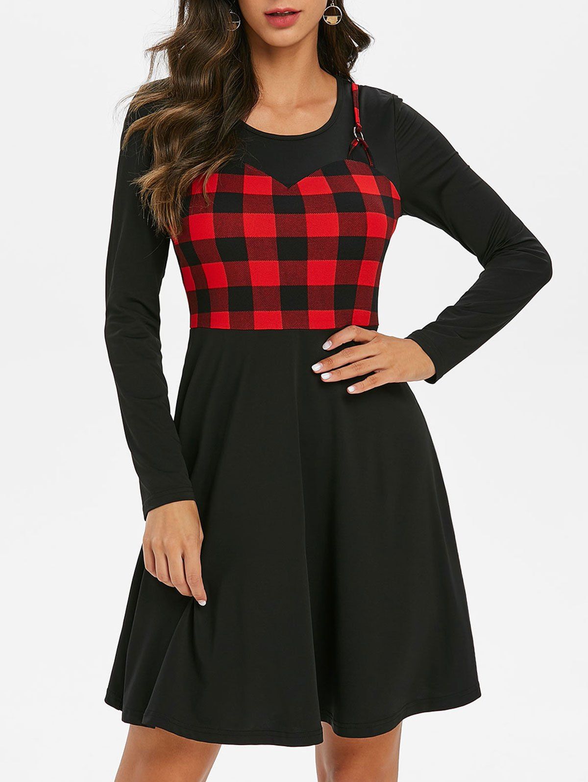 

Long Sleeve Plaid Mini A Line Dress, Black
