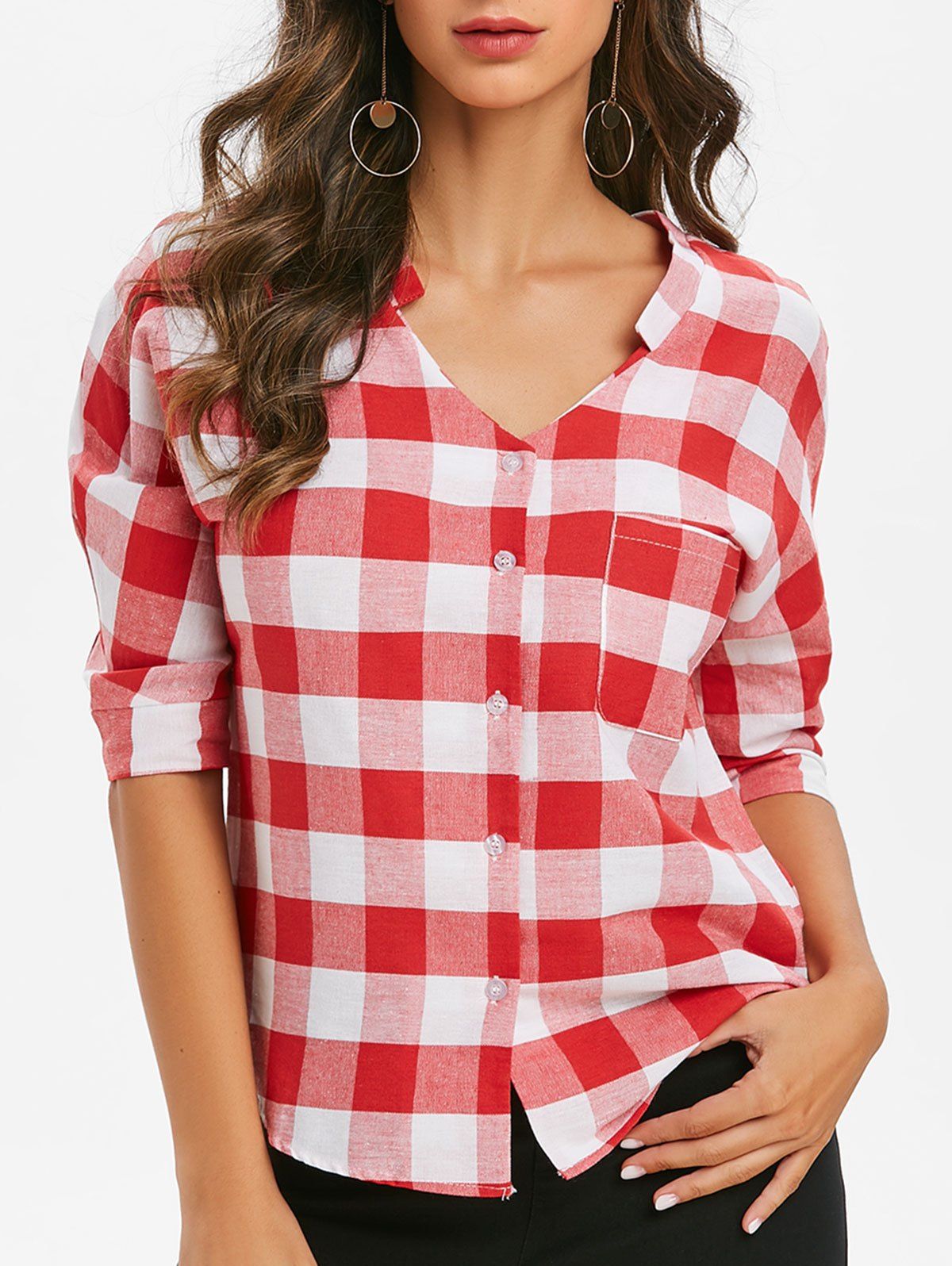 

Plaid Three Quarter Sleeves Buttoned Pocket Blouse, Red