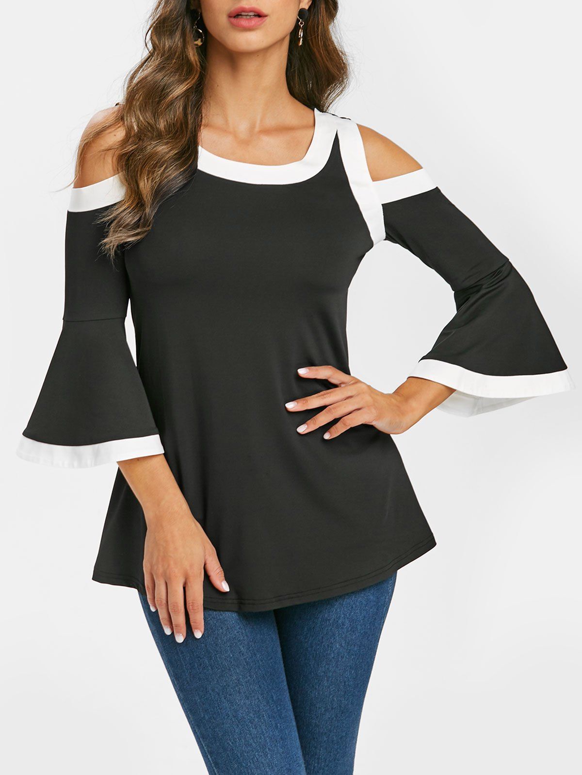 

Cold Shoulder Contrast Trim Flare Sleeve T Shirt, Black