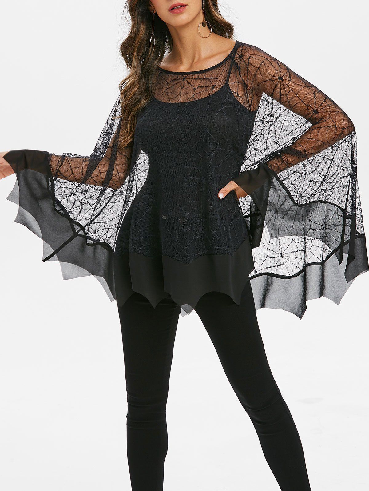 

Halloween Lace Spider Web Poncho Blouse, Black
