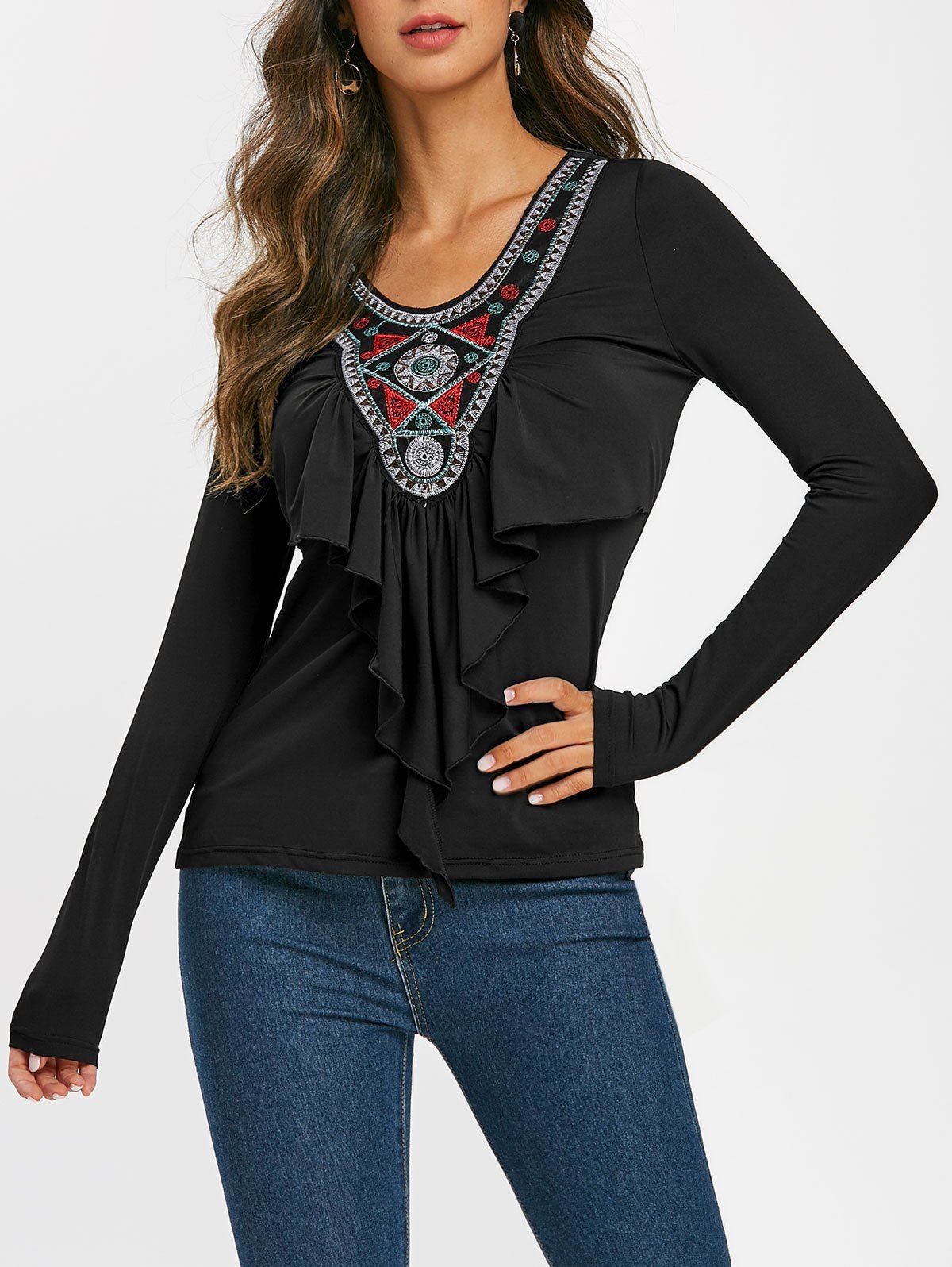 

Embroidered Patched Ruffles Long Sleeves Tee, Black