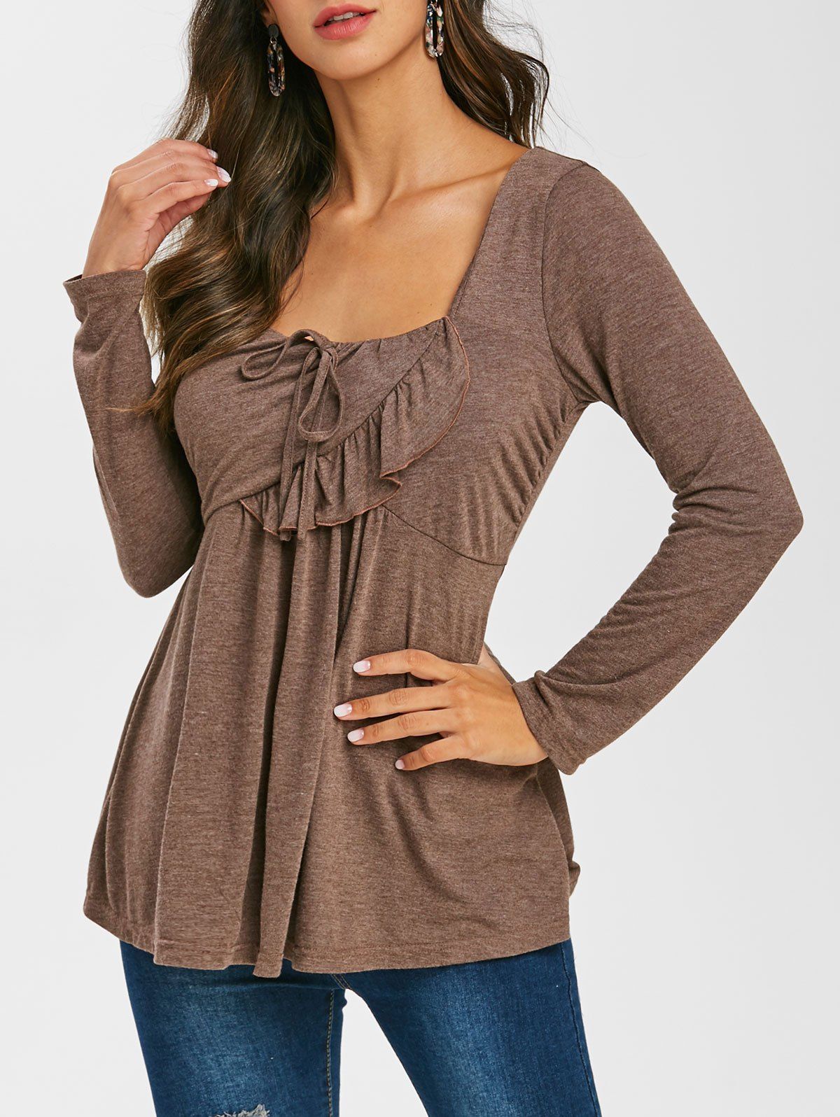 

Long Sleeve Space Dye Print Ruffle T-shirt, Deep brown