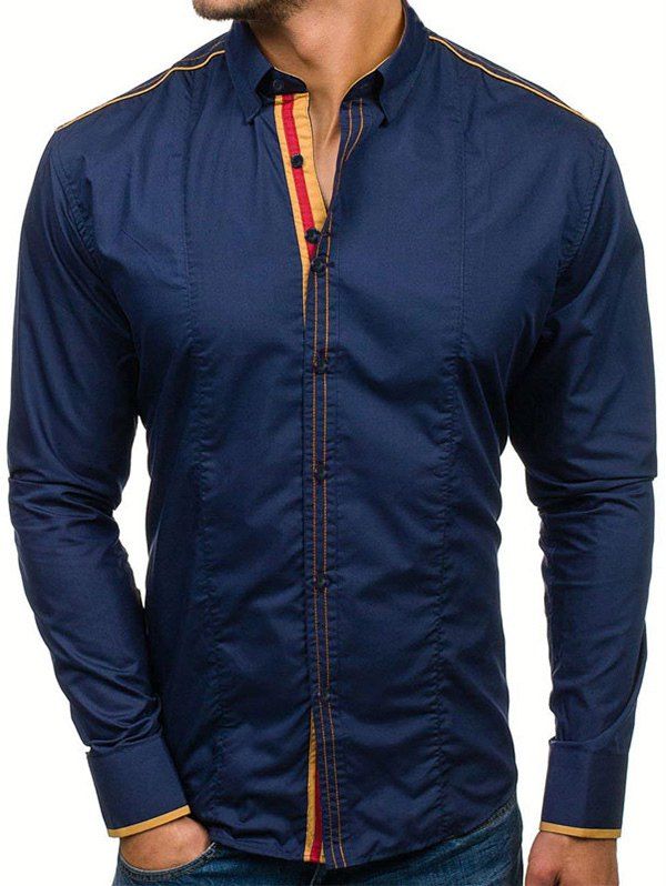 

Color Spliced Casual Long-sleeved Shirt, Deep blue